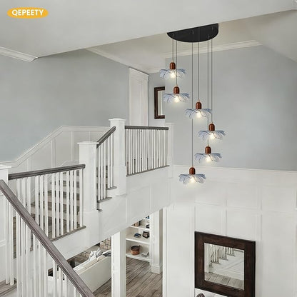 6-Light Blue Glass Flower Chandelier, Adjustable Height Staircase Pendant Light, Modern Mid Century Floral Hanging Ceiling Fixture for Living Room Dining Room Foyer Entryway