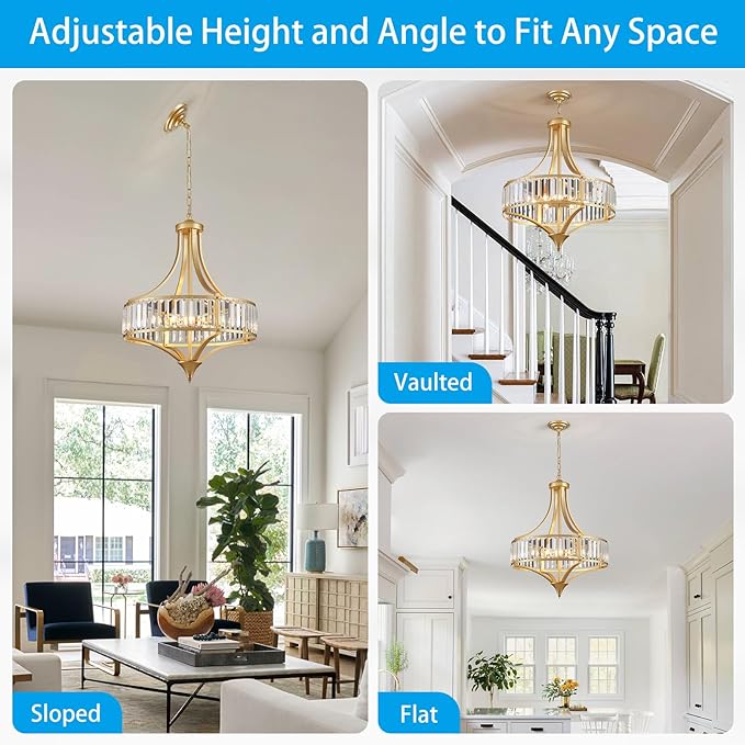 XINGQI Modern 6-Light Gold Crystal Chandelier 21.6" Farmhouse Large Round Pendant Lightting Fixture for Dining Room Living Room Kitchen Island Bedroom