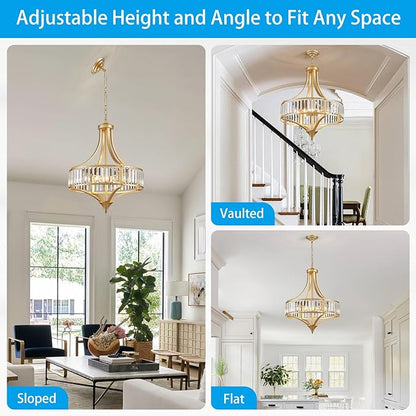 XINGQI Modern 6-Light Gold Crystal Chandelier 21.6" Farmhouse Large Round Pendant Lightting Fixture for Dining Room Living Room Kitchen Island Bedroom