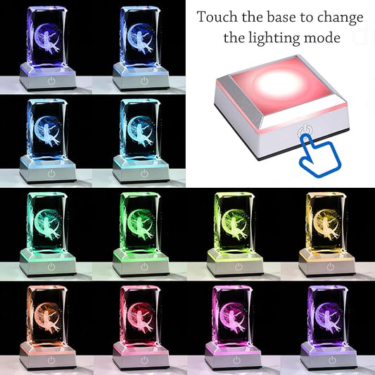 3D Crystal Cube Fairy Night Light Room Decor Paperweight Figurine Statue Gifts for Adults Girls - Engraved Glass Collectible Ornament Gifts for Fairy Lovers