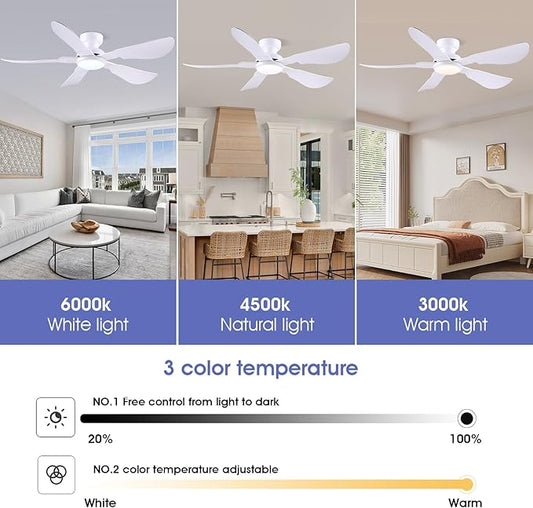 Kviflon 52 Inch Modern Ceiling Fans with Lights, Flush Mount Ceiling Fan with Light and Remote/APP Control, 5 Reversible 6 Speeds Curved Blades, 3 CCT Dimmable Lights for Bedroom, White