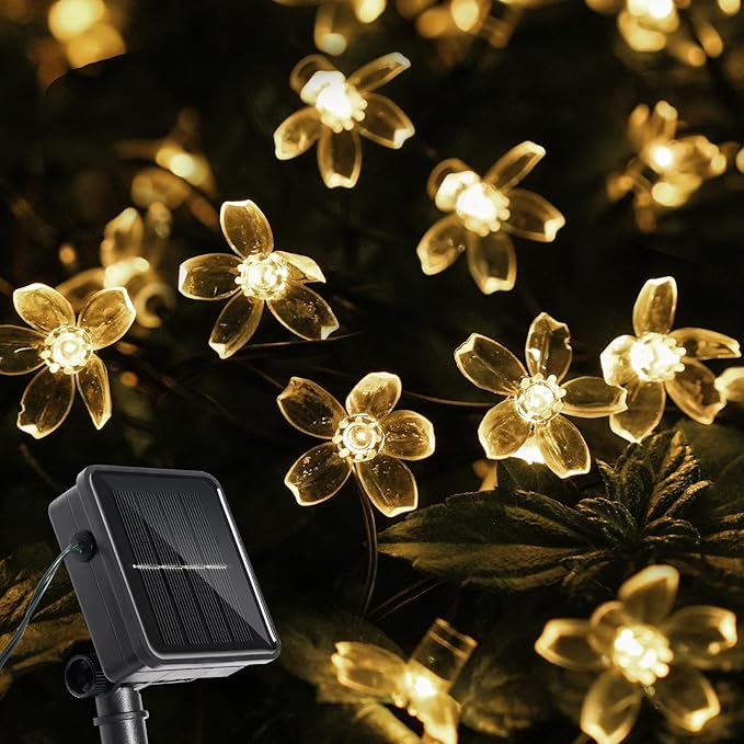 60 LED Solar String Lights Outdoor Waterproof Flower Fairy Lights for Garden Fence Patio Yard Christmas Tree Lawn Wedding Party Decor, Warm White