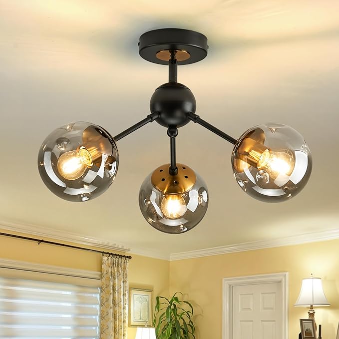 3-Light Chandelier ，Vintage Semi Flush Mount Ceiling Light Fixture with Glass Globe， Black Ceiling Light for Hallway Stairway Porch Entryway Kitchen Bedroom Laundry Farmhouse..