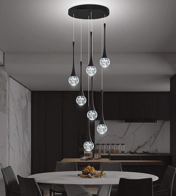 Modern Black Crystal Chandelier for Kitchen Island 7-Lights, Luxury Spiral Dimmable LED Bubble Raindrop Pendant Lighting Fixture for Dining Room Foyer Entryway Bedroom