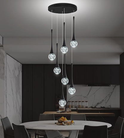 Modern Black Crystal Chandelier for Kitchen Island 7-Lights, Luxury Spiral Dimmable LED Bubble Raindrop Pendant Lighting Fixture for Dining Room Foyer Entryway Bedroom