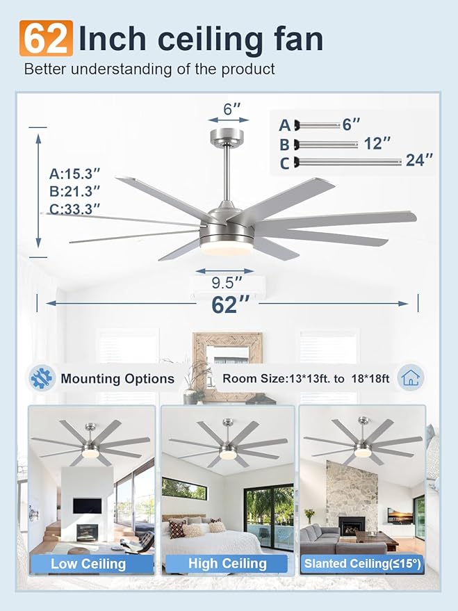 YUHAO 62 Inch Brushed Nickel Ceiling Fan with Light and Remote Control.Noiseless,Dimmable,3CCT,6 Speeds Reversible, DC Ceiling Fans for Indoor or Covered Outdoor Use.ETL Listed