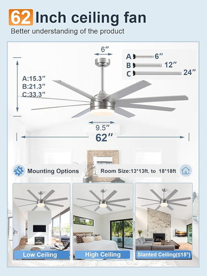 YUHAO 62 Inch Brushed Nickel Ceiling Fan with Light and Remote Control.Noiseless,Dimmable,3CCT,6 Speeds Reversible, DC Ceiling Fans for Indoor or Covered Outdoor Use.ETL Listed