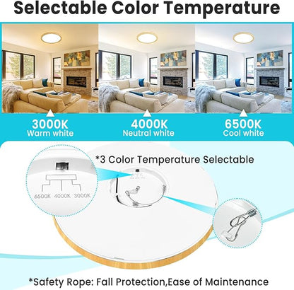 libtit 2 Pack 12Inch Wooden LED Flush Mount Ceiling Light, 28W 3200lm Adjustable 3000K-6500K Color Temp | Round Lamp for Bathroom/Shower/Hallway/Kitchen