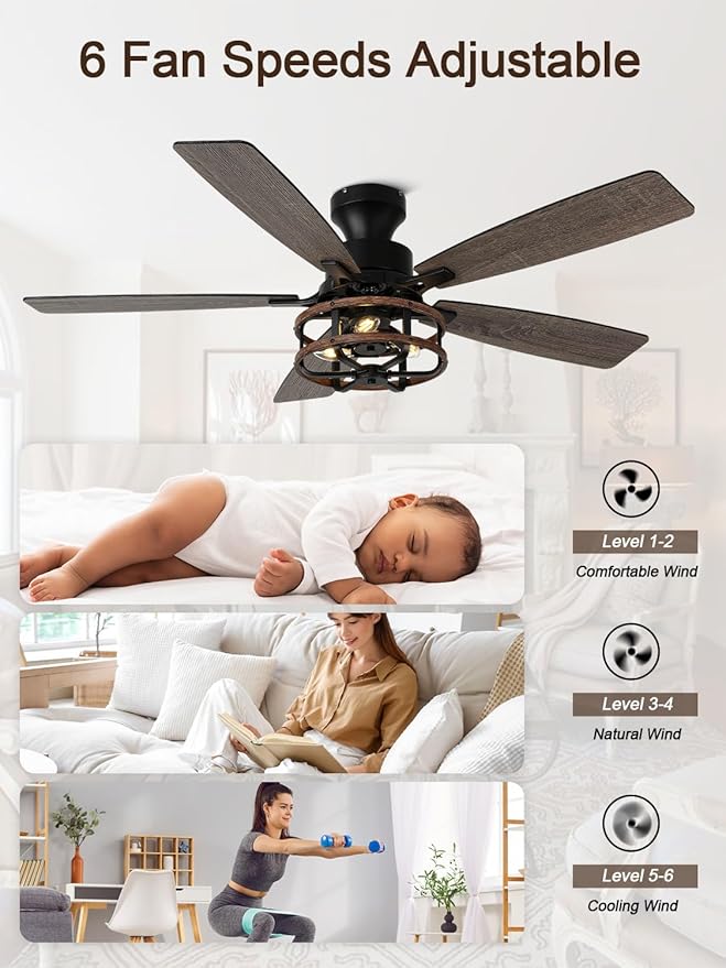 52" Farmhouse Rustic Ceiling Fan with Lights and Remote, Flush Mount Ceiling Fan Low Profile Caged Fandelier Chandelier, 5 Dual Blades Reversible DC Motor 6 Speeds for Bedroom Living Room