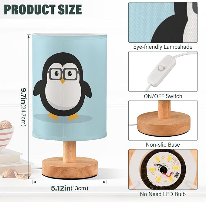 Cute Geek Penguin Table Lamp with Wood Base Fabric Lamp Shade Bedside Nightstand Desk Lamp for Living Room Bedroom Kids Room Office