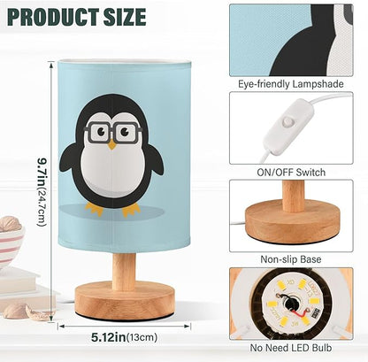 Cute Geek Penguin Table Lamp with Wood Base Fabric Lamp Shade Bedside Nightstand Desk Lamp for Living Room Bedroom Kids Room Office
