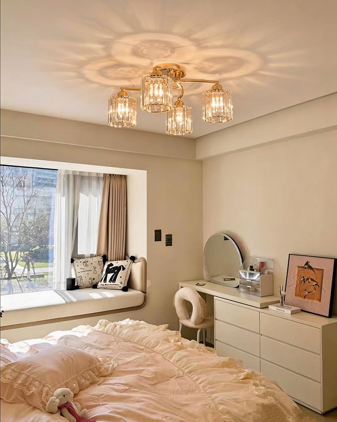 Crystal Chandelier, Modern Elegant Ceiling Light E26 Base Easy Installation Durable Metal Frame for Living Room Bedroom Dining Room,Golden (Style B)