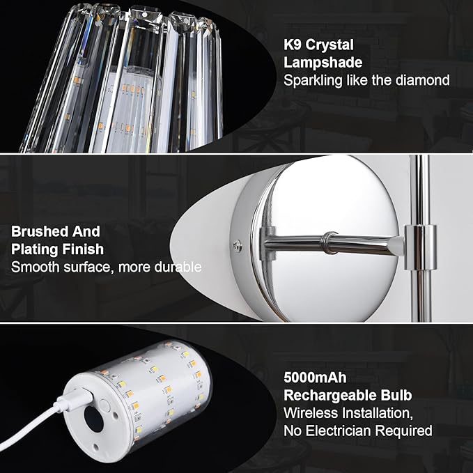 Battery Operated Crystal Wall Sconce Set of 2, Chrome Rechargeable Wireless Wall Sconces with Remote Dimmable 12 Colors Modes Led Wall Lights for Bedroom Living Room Hallway, 2 Bulbs Included