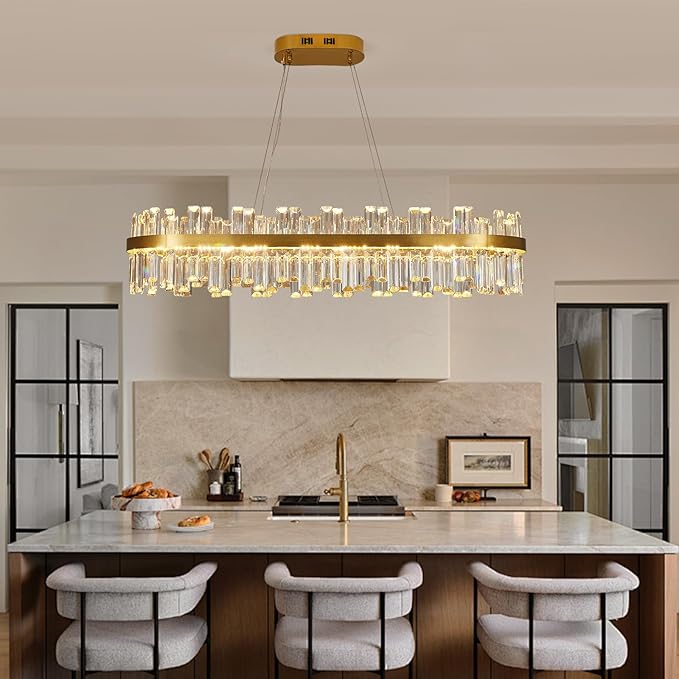 Modern Gold Crystal Led Chandelier: 39.3" Rectangular 3 Color K9 Living Room Dimmable Chandeliers - Luxury Rectangle Linear Crystals Contemporary Oval Light Fixture for Bedroom Entryway with Remote