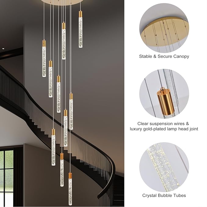GEADI Modern LED High Ceiling Chandelier with Remote Control,10 Lights Crystal Foyer Chandeliers for High Ceilings,Gold Dimmable Long Pendant Light for Staircase Entryway Living Room