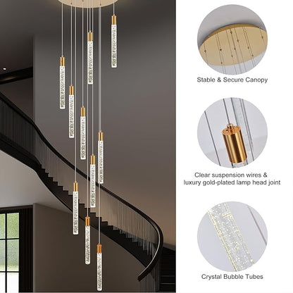 GEADI Modern LED High Ceiling Chandelier with Remote Control,10 Lights Crystal Foyer Chandeliers for High Ceilings,Gold Dimmable Long Pendant Light for Staircase Entryway Living Room