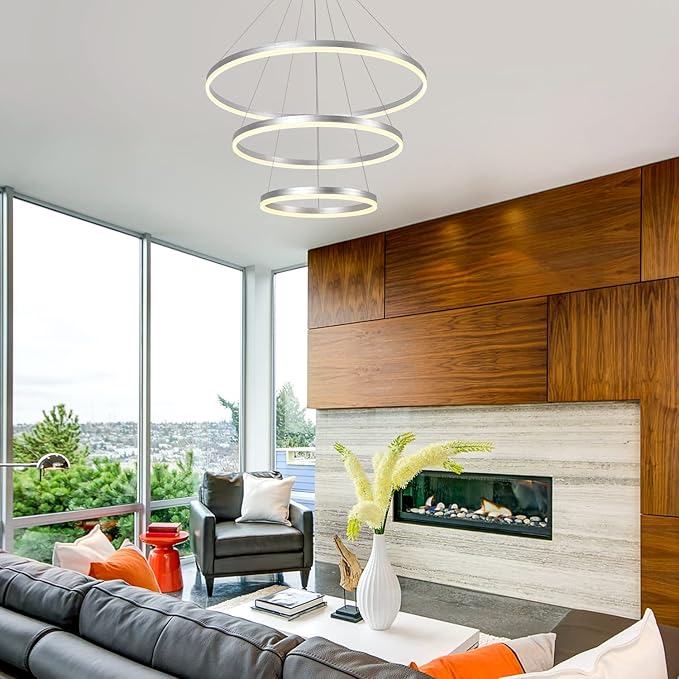 3-Rings D31.5’’ Modern LED Chandelier Silver, Dimmable Pendant Lighting with Remote Control Circular Flush Mount High Ceiling Light for Living Dining Room Bedroom Foyer, 3000K-6500K
