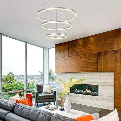 3-Rings D31.5’’ Modern LED Chandelier Silver, Dimmable Pendant Lighting with Remote Control Circular Flush Mount High Ceiling Light for Living Dining Room Bedroom Foyer, 3000K-6500K