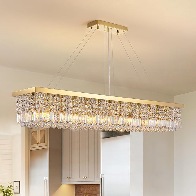 7PM Rectangle K9 Crystal Chandelier Modern Gold Crystal Chandelier Rectangular Pendant Lighting Fixture for Dining Room Kitchen Island Bedroom L59'' x W10'' x H9''