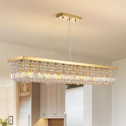 7PM Rectangle K9 Crystal Chandelier Modern Gold Crystal Chandelier Rectangular Pendant Lighting Fixture for Dining Room Kitchen Island Bedroom L59'' x W10'' x H9''