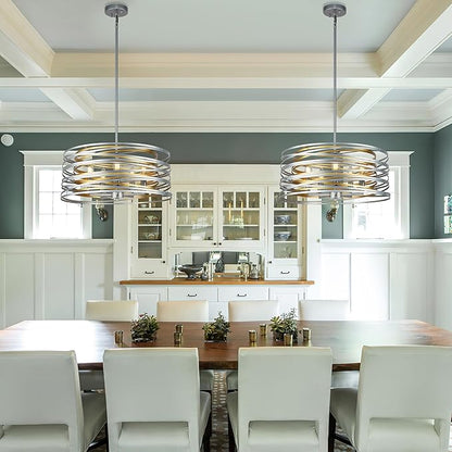 ACNKTZ 19.7'' Double Round Metal Chandelier, 5-Light Modern Farmhouse Dining Room Lights Over Table, Gold Chandelier for Hallway Kitchen Island Entryway Stairwell, Silver with Gold Interior