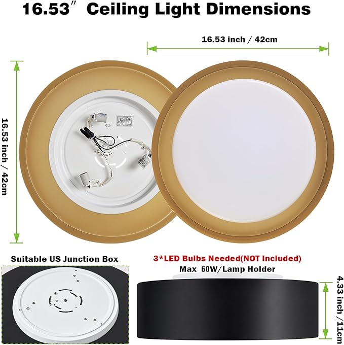 Yiisem Modern Black and Gold Flush Mount Ceiling Lights, 16.5" Minimalist Glass Round Ceiling Lighting, Drum Close to Ceiling Light Fixtures for Living Room, Bedroom, Dining Room, Kitchen, Hallways