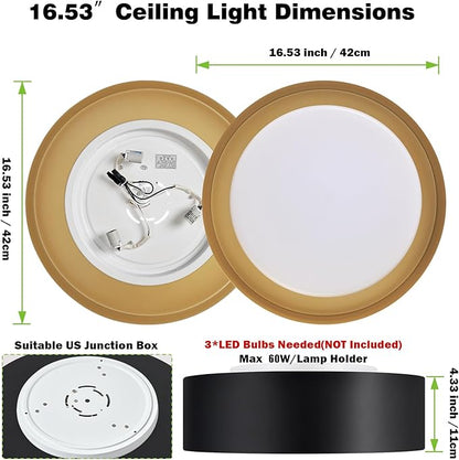 Yiisem Modern Black and Gold Flush Mount Ceiling Lights, 16.5" Minimalist Glass Round Ceiling Lighting, Drum Close to Ceiling Light Fixtures for Living Room, Bedroom, Dining Room, Kitchen, Hallways