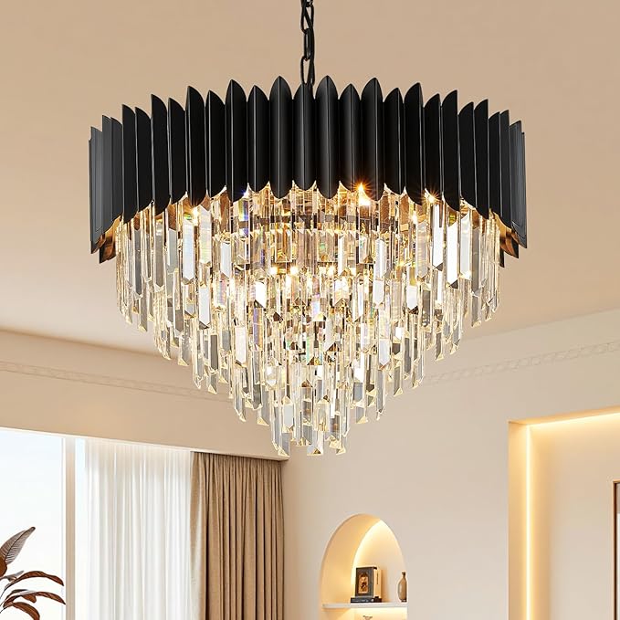 Black Crystal Chandelier 24'' K9 Crystal Round Pendant Lights Adjustable 5-Tier Large Modern Crystal Chandelier Light 10-Lights for Dining Room Living Room Kitchen Foyer Entryway