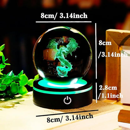 YWHL 3D Dragon Figurine Crystal Ball with Colorful Light Base, Dragon Gifts for Women Men on Birthday, Animals Collectible Sphere for Home Decor (80mm)