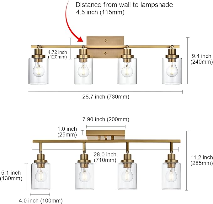 MELUCEE 4 Light Track Lighting Kit Brass Bathroom Vanity Light Fixtures with Adjustable Track Head Ceiling Spotlight Fixture for Hallway Porch Foyer Storage, Clear Glass Shade