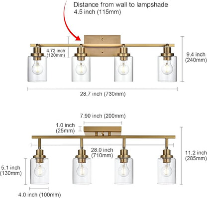 MELUCEE 4 Light Track Lighting Kit Brass Bathroom Vanity Light Fixtures with Adjustable Track Head Ceiling Spotlight Fixture for Hallway Porch Foyer Storage, Clear Glass Shade