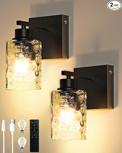 Rayogale Battery Operated Wall Sconce Set of 2, Black Wireless Wall Lights with Timer Function, Easy Install Dimmable Rechargeable Wall Lamps for Living Room, Bedroom, Hallway, Entryway Decor 3000K