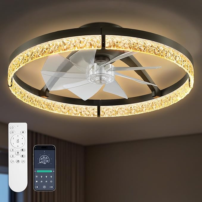 StarryEver Ceiling Fans with Lights and Remote, 24 Inch Modern Smart Ceiling Fan, 6 Speeds and 3000K-6500K Dimmable LED Fan Light, Low Profile Ceiling Fan for Bedroom, Living Room, Dining Room, Black