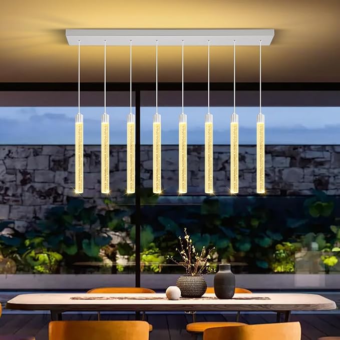 Modern LED Dimmable Crystal Column Chandelier Living Room Rectangular Crystal Chandelier Pendant Light for Dining Room Adjustable Height 8-Light Silver