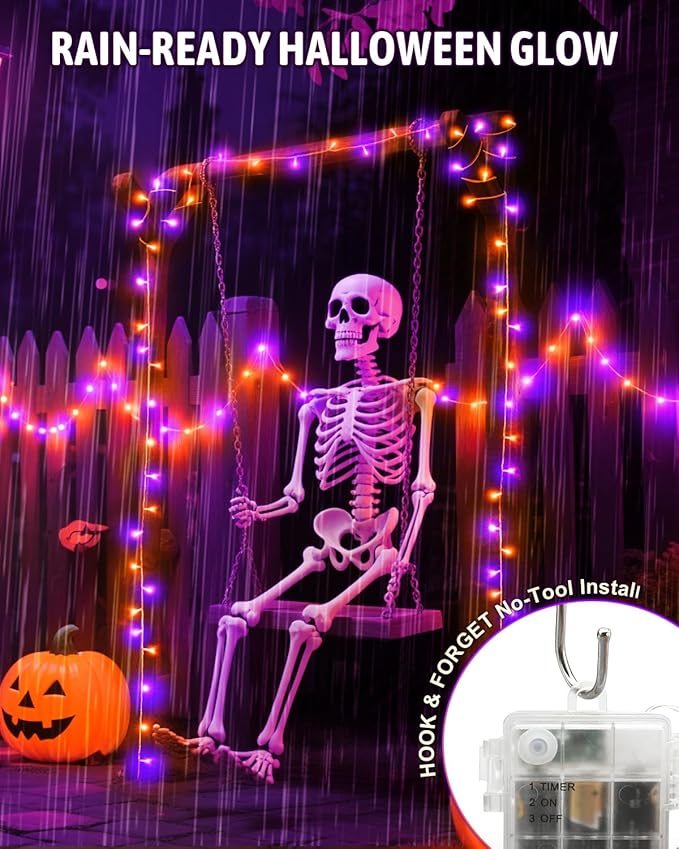 Halloween String Lights Battery Operated, Orange and Purple Lights with Timer Waterproof 16.4ft 50 LED Halloween Decorations for Outdoor Indoor Patio Party Garden Yard Decor