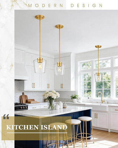 2-Pack Pendant Lights Kitchen Island, 8" Brushed Gold Hanging Lights Fixtures with Clear Glass Shade, Modern Kitchen Pendant Lighting Over Island for Dining Room, AD-22004-1P2L-GD-C