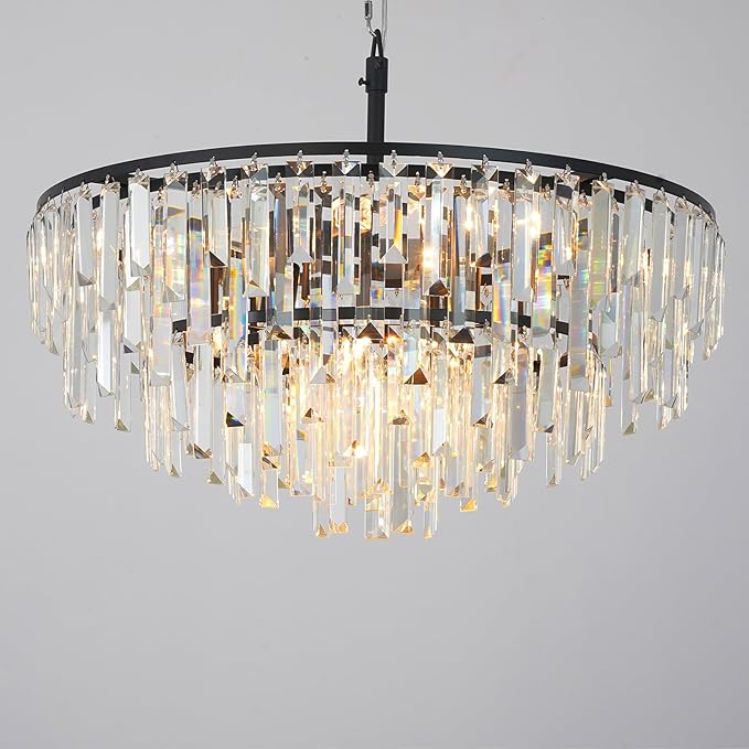 Black Crystal Chandelier for Dining Room, 24" Modern Round Top K9 Crystal Chandeliers 5-Tier 8 Lights Adjustable Ceiling Hanging Pendant Light Fixture for Living Room Bedroom Foyer