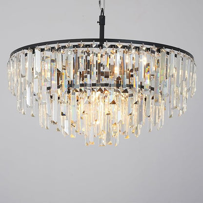 Black Crystal Chandelier for Dining Room, 24" Modern Round Top K9 Crystal Chandeliers 5-Tier 8 Lights Adjustable Ceiling Hanging Pendant Light Fixture for Living Room Bedroom Foyer