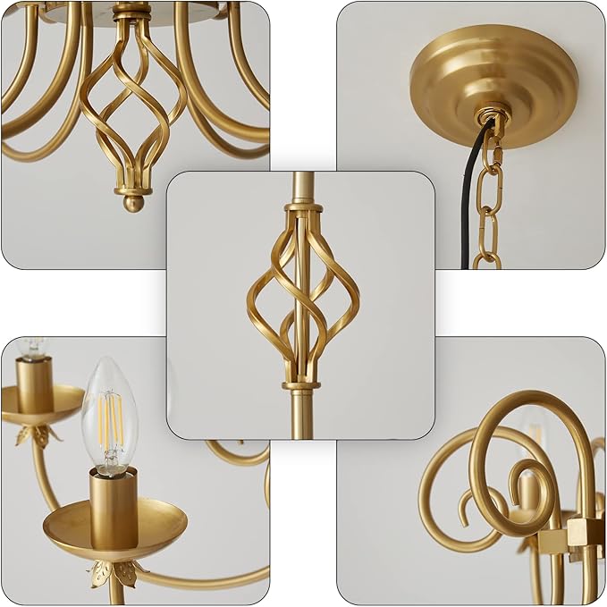 Modern Gold Chandelier for Dining Room 6 Lights Candle Chandelier Light Fixtures 26" Hanging Pendant Light Rustic Industria Chandeliers for Farmhouse Living Room Bedroom Foyer Entryway