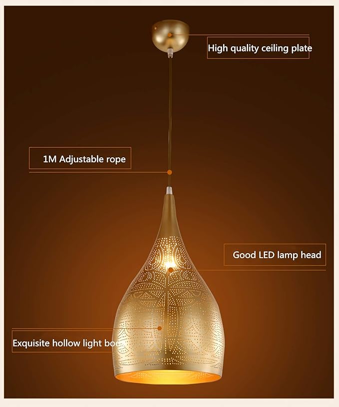 Vintage Chandelier, Turkish Lamp Moroccan Etching Pendant Light, Industrial Porous Arabic Ceiling Light Fixture Pendant Lighting for Kitchen Island Restaurant Hallway Foyer (Gold)