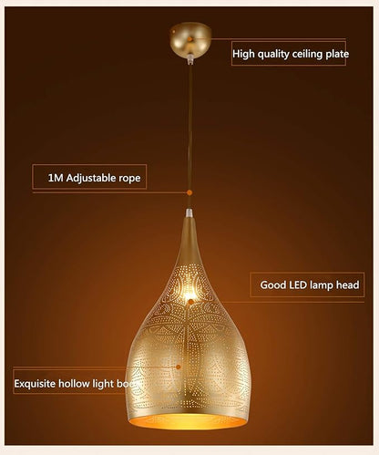 Vintage Chandelier, Turkish Lamp Moroccan Etching Pendant Light, Industrial Porous Arabic Ceiling Light Fixture Pendant Lighting for Kitchen Island Restaurant Hallway Foyer (Gold)