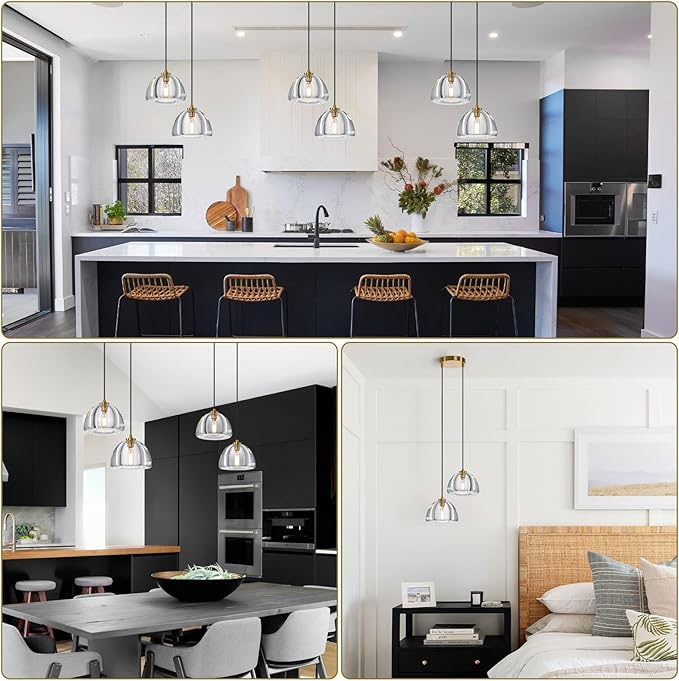 2 Head of Hemispher K9 Crystal Pendant Light with Brass Rod,7.1" Dimmable Contemporary Light Above Dining Table,Modern Ceiling Hanging Lighting for Bedroom E12 Bulbs Included