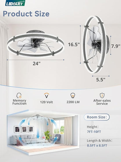 LEDIARY Ceiling Fans with Lights and Remote, 24'' Low Profile Ceiling Fan with Light, 3000-6000K Dimmable Fandelier Ceiling Fans, Modern Flush Mount Fan for Bedroom with 6 Wind Speeds- Sandy Gray