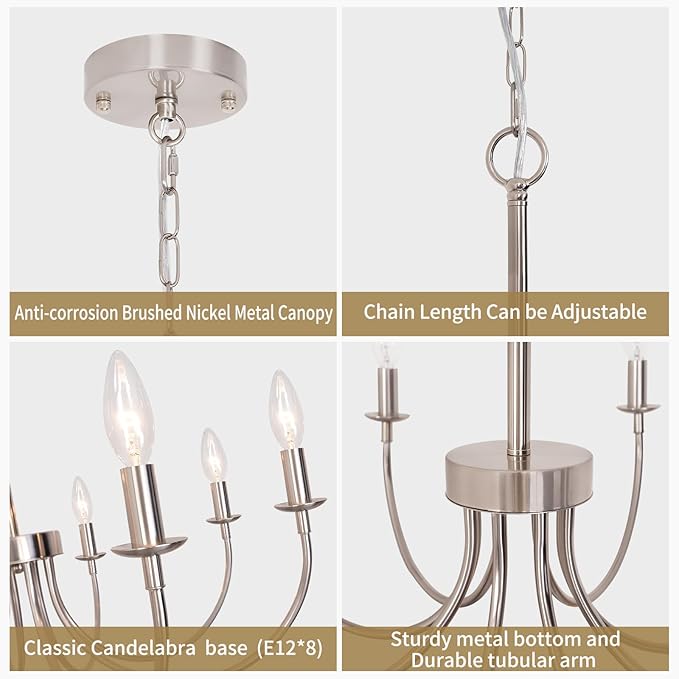 8-Light Farmhouse Chandelier, Brushed Nickel Dining Room Light Fixtures, Industrial Modern Candle Chandeliers for Living Room, Bedroom, Foyer, Kitchen, Entryway