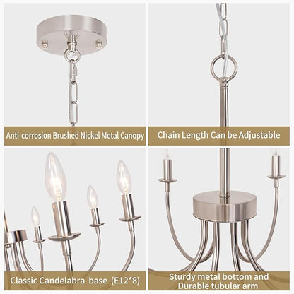 8-Light Farmhouse Chandelier, Brushed Nickel Dining Room Light Fixtures, Industrial Modern Candle Chandeliers for Living Room, Bedroom, Foyer, Kitchen, Entryway