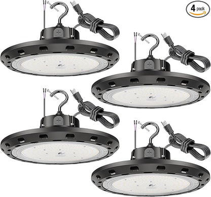 UFO LED High Bay Light 300W 5000K 0-10V Dimmable 45000LM High Bay LED Shop Lights with US Plug IP65 ETL Listed 1200W HID/HPS Replacement UFO Lights for Shop Warehouse Garage Gym 4 Pack