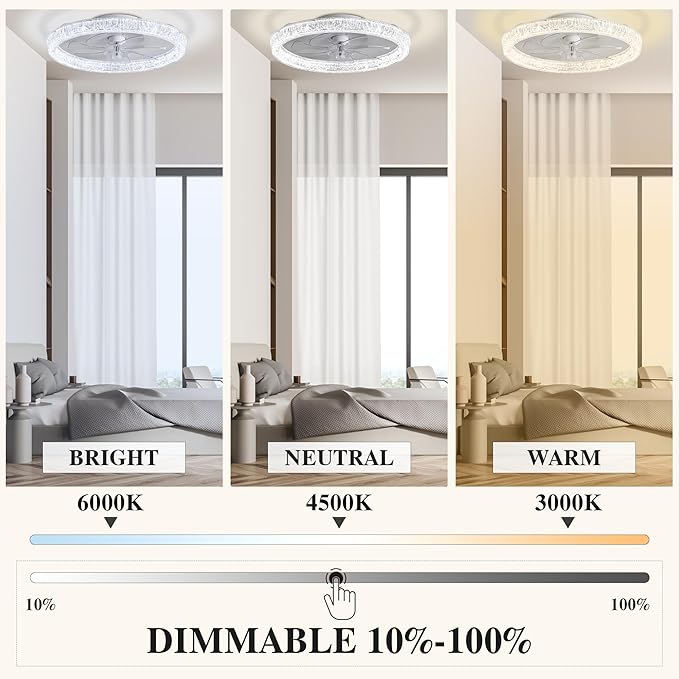 Ceiling Fans with Lights and Remote Fandelier - 20'' Flush Mount Low Profile Modern Ceiling Fans for Bedroom - Stepless Color Temperature and 6 Speeds, White Regular Crystal
