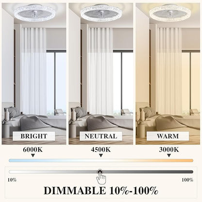 Ceiling Fans with Lights and Remote Fandelier - 20'' Flush Mount Low Profile Modern Ceiling Fans for Bedroom - Stepless Color Temperature and 6 Speeds, White Regular Crystal