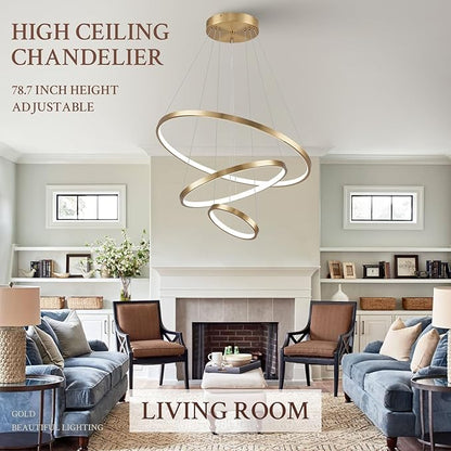 3 Ring Modern LED Chandelier Gold Dimmable Round Chandeliers, LED Circular Pendant Light Fixture with Remote Control for Living Room, Dining Room, Office, Entry, Bedroom