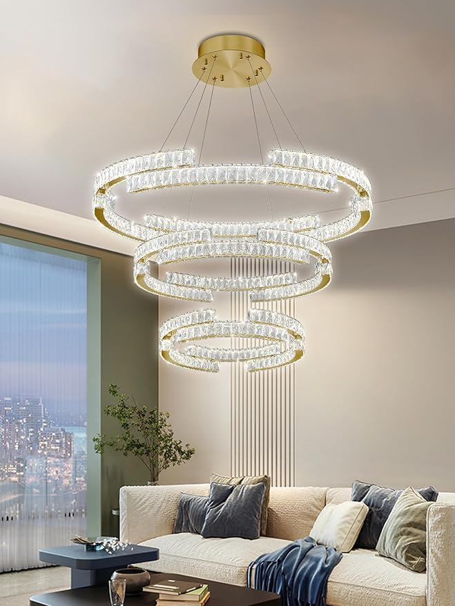 D40''+D27.5''+D15.7'' Modern Gold 3 Ring Crystal Chandeliers for Living Room Crystal Pendant Light Foyer Entrance LED Dimmable 3000-6000K Fixtures